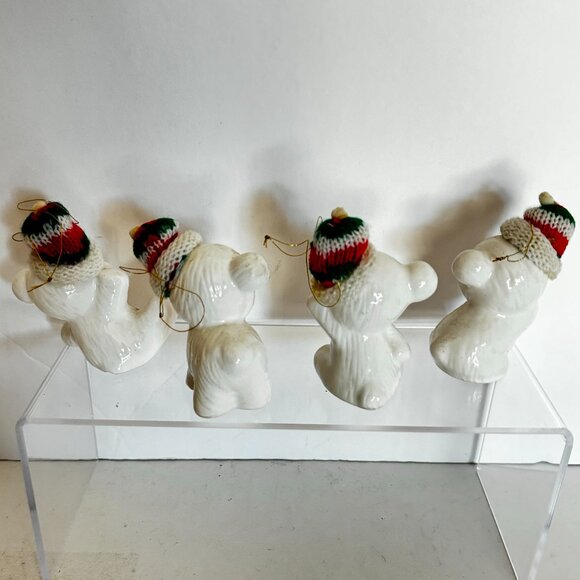 Vtg Snow Bear Ornaments 4 Porcelain Bears Knit Hats Bows Christmas Around the - Picture 9 of 16